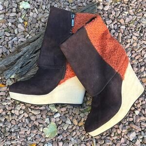 Linea Rosa Suede Shearling Wool Platform Wedge Ankle Boots Size 7